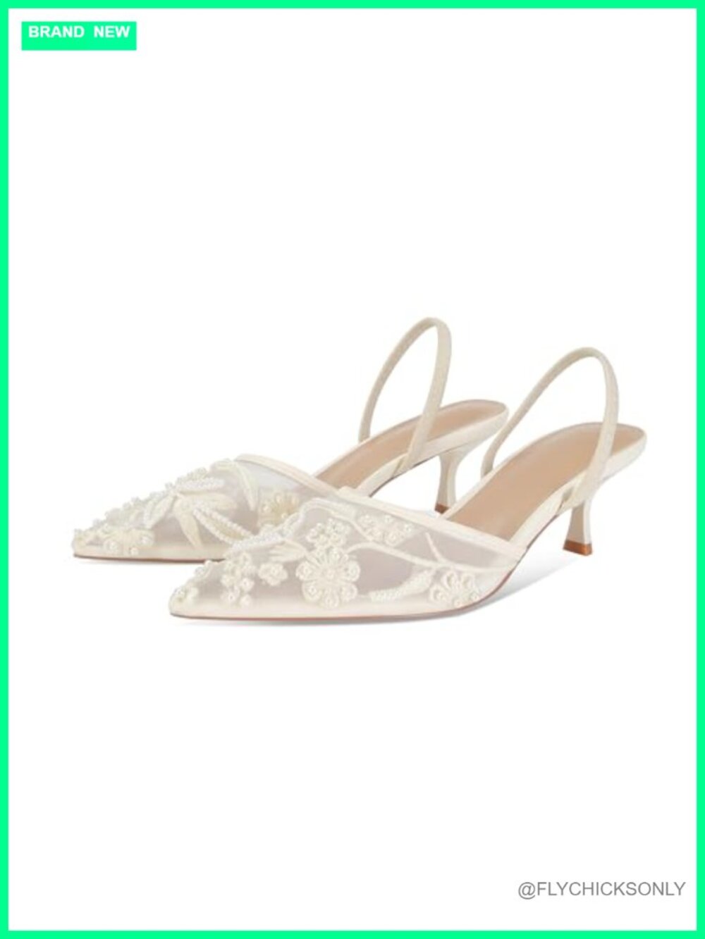 Embroidered Mesh Kitten Heels Pointed Toe Slingback Wedding Sandals